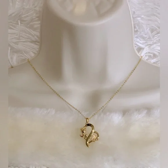 925 Sterling Silver Heart Rose Butterfly Pendant Necklace with Crystal Accents - Picture 3 of 15